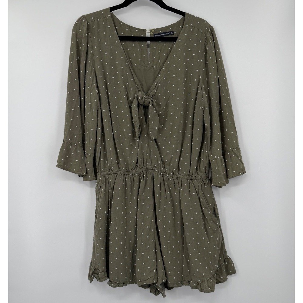 Abercrombie & Fitch Romper Women XL Olive Green Polka Dot Ruffle Tie Front Short